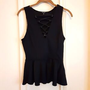 Black Peplum Sleeveless Top with Lace-Up Detail